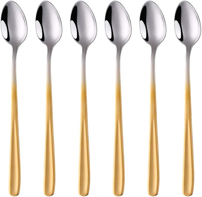 Buyer Star Long Handle Iced Tea Spoons, 8 inch 18/10 Heavy Duty Coffee Spoon Sets for Mixing, Cocktail Stirring, Tea, Coffee, Milkshake, Cold Drink (Gradient Gold)