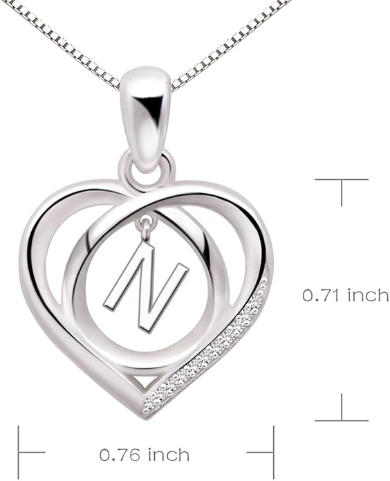 ALOV Jewelry Sterling Silver Initial Letter Alphabet Love Heart Cubic Zirconia Pendant Necklace