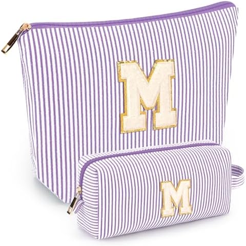 mibasies 2 PCS Initial Makeup Bags: Mothers Day Gifts for Women - Best Friend Birthday Gifts Graduation Gifts Wedding Bridesmaid Girlfriend Wife Daughter Sister Girl Gifts - Purple M by mibasies