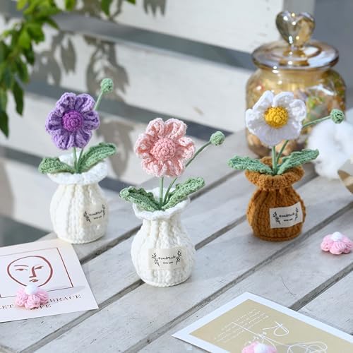 Daisy Crochet Flower Potted Plant – Pink, Handmade Knitted Desk Decor - Image 3