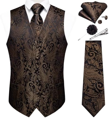 DiBanGu Mens Vest and Tie Set Formal Paisley Waistcoat and Necktie Pocket Square Cufflinks Silk Suit Vest for Tuxedo Wedding by DiBanGu