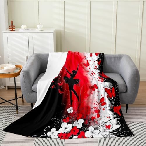 Erosebridal Red Butterfly Flannel Blanket Twin 60x80 Inch Ballet Fleece Blanket Florals Ink Style Branch Fuzzy Plush Throw Ballerinas Silhouette Ink Dots Living Room Decor by Erosebridal