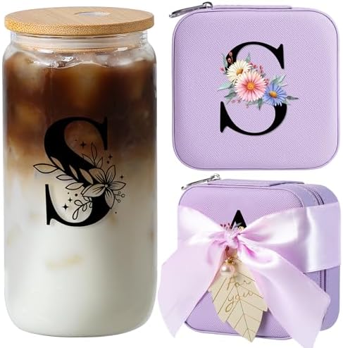 AYGXU Initial glass cups with lids and straws,personalized gifts for women,iced coffee cups,travel jewelry case organizer,small jewelry travel case,jewelry box for girls.Initial S purple by AYGXU