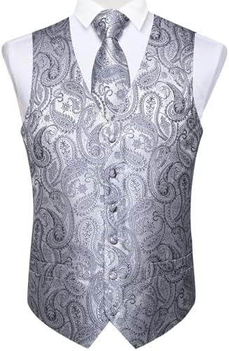 DiBanGu Mens Vest and Tie Set Formal Paisley Waistcoat and Necktie Pocket Square Cufflinks Silk Suit Vest for Tuxedo Wedding - Image 2