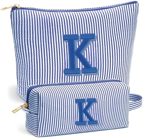 Beach Bags for Women Girl - Summer Beach Toiletry Makeup Bag, Travel Gifts for Her, Summer Personalized Makeup Pouch for Women Girls Birthday Gifts for Womens Girls - Blue Initial K by Fohufo
