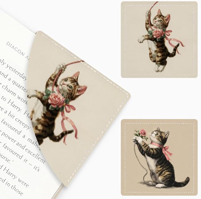 2PCS Leather Bookmarks 3.54 x 3.54 Inch Vintage Tabby Cat with Pink Rose Design Reading Accessories for Books Journals Bibles Travel Diary Students Teachers and Book Lovers Gift