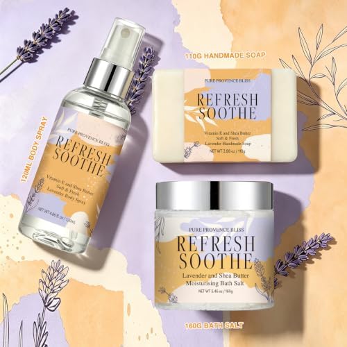 Spa Gift Set for Women, 6Pcs Lavender Bath Gift Set Home Spa Kit with Bath Salts Body Butter Shower Gel Essential Oil Candle Soap Self Care Gifts for Her Birthday Mother's Day Christmas - Image 3