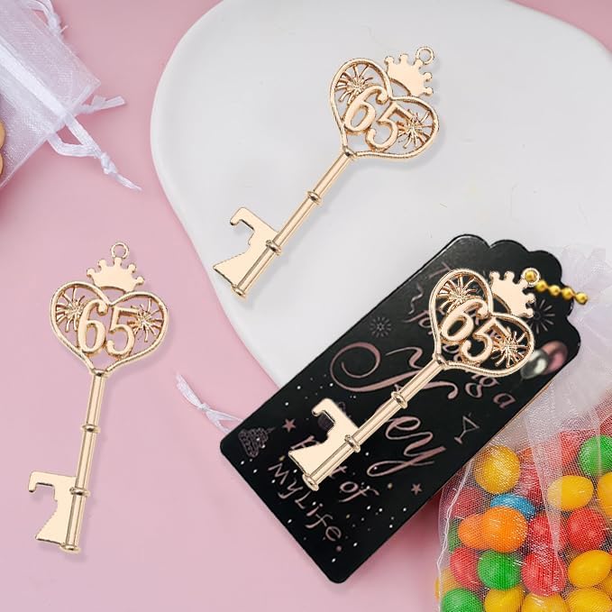 48PCS 65th Birthday Bottle Opener 65 Souvenir Party Supplies Key Opener 65th Baby Birthday Return Gifts Wedding 65th Anniversary Party Decor(48,65th key)