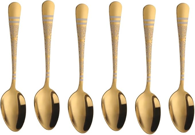 Gold Unique Pattern Design Coffee Espresso Spoons Mini, Mingcheng Stainless Steel Small Teaspoons Silverware Set of 6, BISDARUN 5.5 Inches Food Spoons for Demitasse Dessert Tea