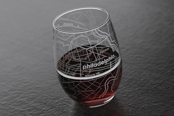 Well Told Engraved Philadelphia Pennsylvania Map Stemless Wine Glass, Etched Glass (15 oz, Clear) City Custom Gifts for Lovers