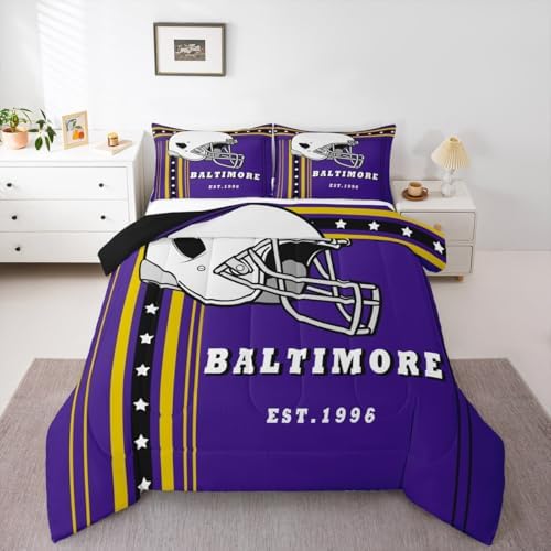 Erosebridal Sports Team Comforter Set, Twin 2Pcs | Purple & Gold Striped Stars Bedding Set, Football City Kids Bedding, Classic Rugby Game Duvet Insert - Inspired by Sports Fans Team Colors by Erosebridal