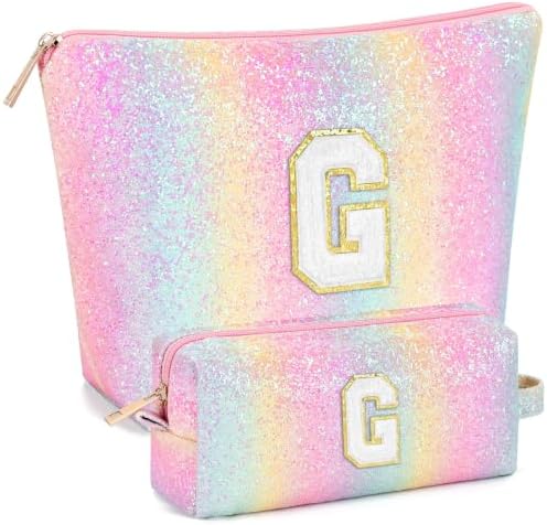 mibasies 2 PCS Initial Makeup Bags for Women: Cosmetic Bag for Travel Toiletry - Birthday Gifts for Teen Girl Gifts Trendy Stuff - Graduation Teacher Gift for Girlfriend -Glitter Rainbow G by mibasies