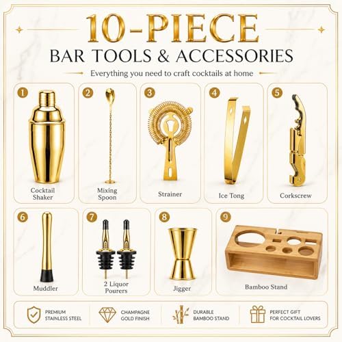 Gold Cocktail Shaker Set, Premium 18/8 Stainless Steel Mixology Bartender Kit with Stylish Bamboo Stand 10-Piece Bar Tools & Accessories for Home Bar for Men, Dad, Husband - Image 2