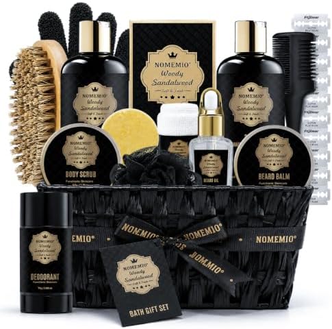 Luxury Spa Gift Basket for Men, Father's Day Gifts, Sandalwood Bath Gift Set, 2-in-1 Body Wash, Deodorant, Beard Oil, Hand Towel, Brush, Scissors, Combs, Woven Basket by NOMEMIO