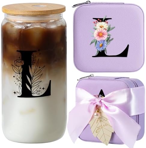 AYGXU Glass Cups with Bamboo Lids and Straws, 16oz, Small Travel Jewelry Case, Initial Glass Cup, Travel Jewelry Organizer, Initial L Purple by AYGXU
