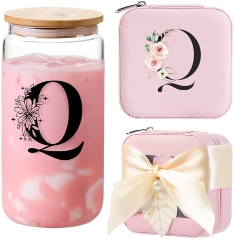 AYGXU personalized jewelry box,iced coffee glass,bridesmaid gifts,gifts for women,aesthetic cups,Travel Gifts for Teacher,best teacher appreciation gifts,Initial Q pink by AYGXU
