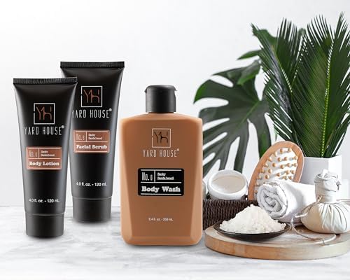 YARD HOUSE Luxury Mens Bath and Body Gift Set Basket For Him - Smoky Sandalwood - All Natural Skin Care Kit For Men w. Full Size Body Wash, Facial Scrub, Body Lotion, Deodorant in Leather Toiletry Bag - Image 2