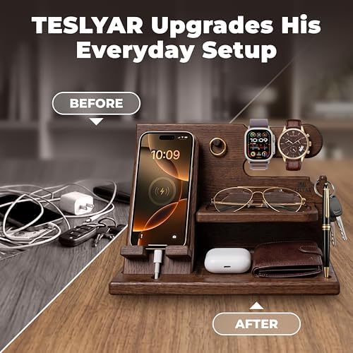 TESLYAR Wood Phone Docking Station for Men - Desk or Nightstand Organizer - Birthday Gifts for Husband, Dad - Anniversary Idea from Wife - Key Holder, Stand Wallet, Watch & Essentials (Bourbon Brown) - Image 3