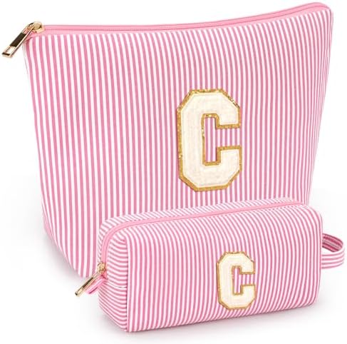 2 PCS Initial Makeup Bags for Women: Cosmetic Bag for Travel Toiletry - Birthday Gifts for 11 12 13 14 15 16 17 18 Years Old Girl Graduation Teacher Gift- Teen Girl Gifts Trendy Stuff - Pink C by mibasies