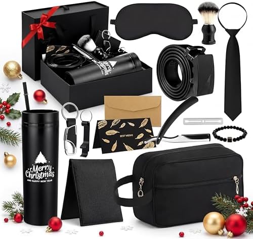 Tioncy 12 Pcs Christmas Men Gift Set Birthday Gifts Baskets with Box Tumbler Bottle Opener Keychain PU Leather Wallet Tie Belt Bag Bracelet Eye Mask Xmas Party Present Box for Dad(Appealing Pattern) by Tioncy