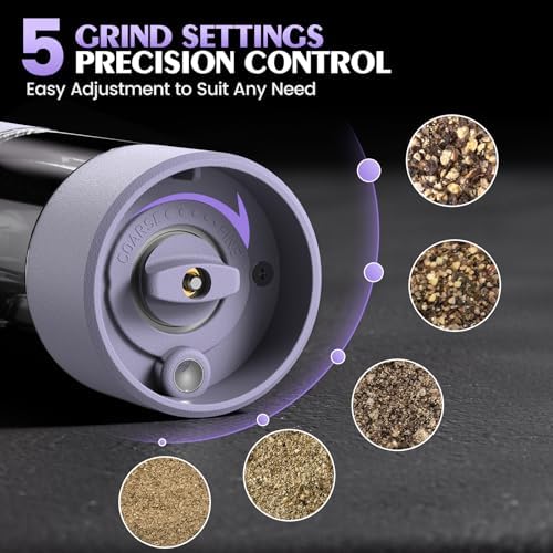 Salt and Pepper Grinder Set Gifts for Women Automatic Battery Purple Pepper Mill Shakers Kitchen Accessories Cooking for Mom, Adjustable Coarseness Salt Pepper Shakers White Elephant Gift - Image 2