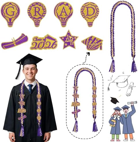 Class of 2026 Graduation Leis,Golden&Purple Double Ribbon Lei Set,Handmade 8Pcs Graduation Charms Accessory,Graduation Gift for Her Him - Image 3