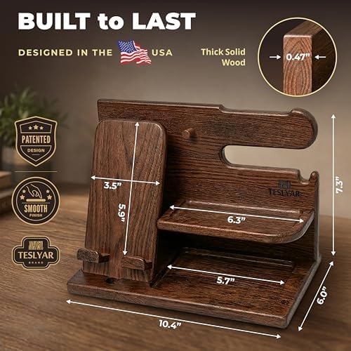 TESLYAR Wood Phone Docking Station for Men - Desk or Nightstand Organizer - Birthday Gifts for Husband, Dad - Anniversary Idea from Wife - Key Holder, Stand Wallet, Watch & Essentials (Bourbon Brown) - Image 6
