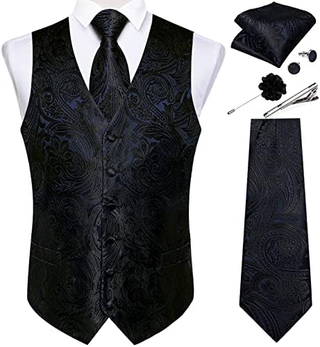 DiBanGu Mens Vest and Tie Set Formal Paisley Waistcoat and Necktie Pocket Square Cufflinks Silk Suit Vest for Tuxedo Wedding by DiBanGu