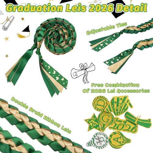 Class of 2026 Graduation Leis,Green&Gold Double Layer Satin Ribbon with 8Pcs Graduation Charms,Grad Party Decorations,Class of 2026 Graduation Leis Gifts for High School Graduates - Image 5