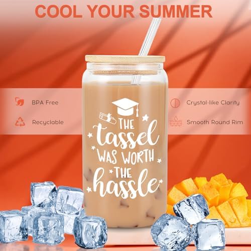 Frerdui Graduation Gift - The Tassel Was Worth the Hassle - 16oz Glass Cup for Her 2024, College, High School Student, New Job Congratulations - Image 4