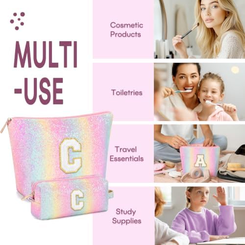 mibasies 2 PCS Initial Makeup Bags for Women: Cosmetic Bag for Travel Toiletry - Birthday Gifts for Teen Girl Gifts Trendy Stuff - Graduation Teacher Gift for Girlfriend -Glitter Rainbow C - Image 4