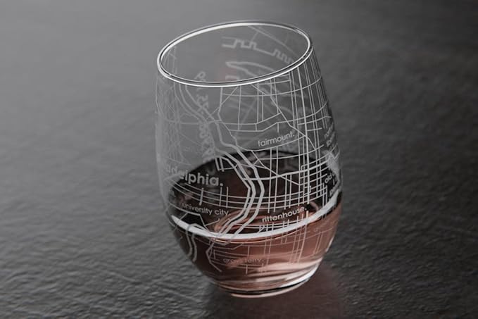 Well Told Engraved Philadelphia Pennsylvania Map Stemless Wine Glass, Etched Glass (15 oz, Clear) City Custom Gifts for Lovers