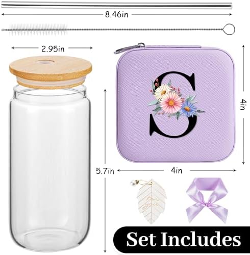 AYGXU Initial glass cups with lids and straws,personalized gifts for women,iced coffee cups,travel jewelry case organizer,small jewelry travel case,jewelry box for girls.Initial S purple - Image 2