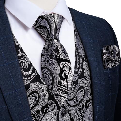 DiBanGu Mens Vest and Tie Set Formal Paisley Waistcoat and Necktie Pocket Square Cufflinks Silk Suit Vest for Tuxedo Wedding - Image 3