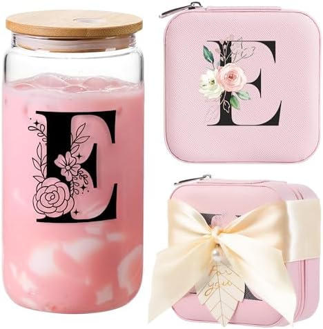 AYGXU Travel Jewelry Cases Organizer,Travel Essentials,Travel Gifts for Women Girls,16oz glass cup with bamboo lid and straw,aesthetic glass cup,Cute Tumbler Cup,Teacher Gifts,Initial E pink by AYGXU