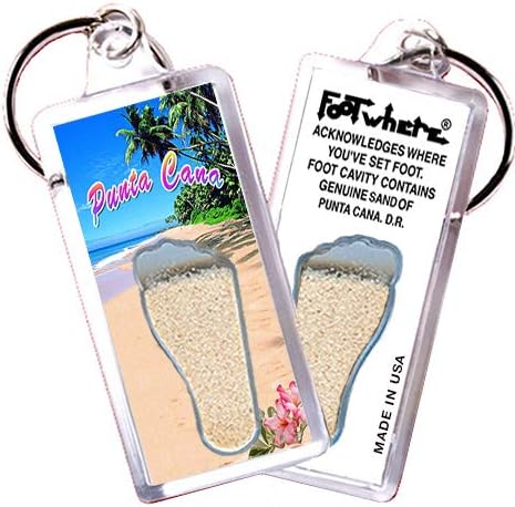 FootWhere Punta Cana Keychains. 6 Piece Set. Authentic Destination Souvenir acknowledging Where You've Set Foot. Genuine Soil of Featured Location encased Inside Foot Cavity. Made in USA