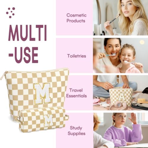 mibasies 2 PCS Initial Makeup Bags for Women: Cosmetic Bag for Travel Toiletry - Birthday Gifts for Teen Girl Gifts Trendy Stuff - Graduation Teacher Gift for Girlfriend -Checkered Brown M - Image 4