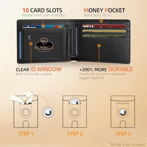 RUNBOX AirTag-Wallet-Mens-Slim-RFID Blocking Wallets Leather with Bill Compartment Air Tag Bifold Card Holder Wallet Gifts for Men Dad - Image 2
