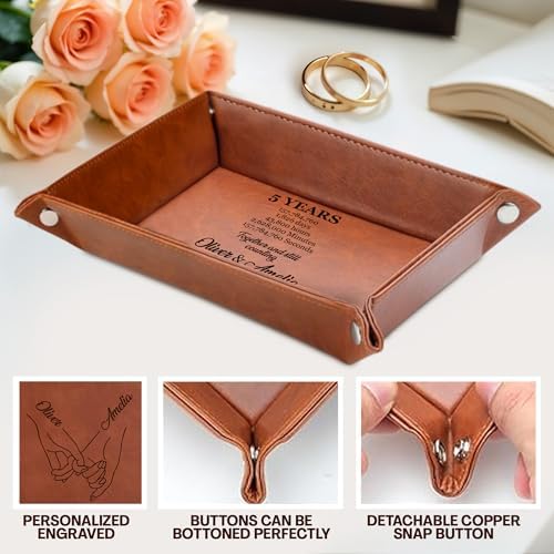 Engraved Leather Tray with Custom Name, Personalized Anniversary Idea for Him and Her, Jewelry Organizer Tray for Dresser, Desk, Nightstand, Office Keepsake Box for Men, Husband - Image 4