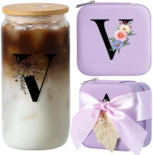 AYGXU Initial glass cup with bamboo lid and Straw,Small Jewelry Box for Girls,Small Jewelry Organizer Box,Cute Tumbler Cup,Travel Gifts for Women,Travel Essentials, Initial V purple by AYGXU