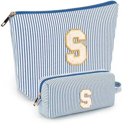 2 PCS Initial Makeup Bags for Women: Cosmetic Bag for Travel Toiletry - Birthday Gifts for 11 12 13 14 15 16 17 18 Years Old Girl Graduation Teacher Gift- Teen Girl Gifts Trendy Stuff - Blue S by mibasies