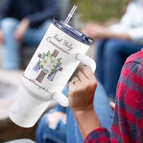First Communion Gifts for Girls - Personalized 1st Holy Communion Tumblers with Handle and Straw, Custom First Holy Communion Coffee Tumbler with Photo & Name, Baptism Gifts for Girls Daughters - Image 5