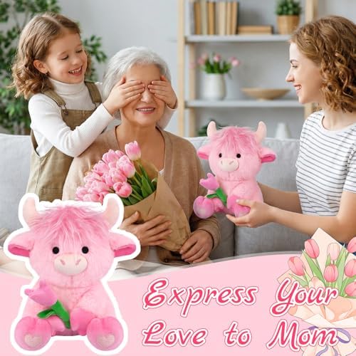 Highland Cow Stuffed Animal,8inch Pink Highland Cow Plush Sit Toy - Image 5
