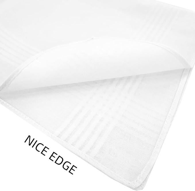 Mens White Handkerchief with Stripe,16" by 16” Soft Hankies (White 12)