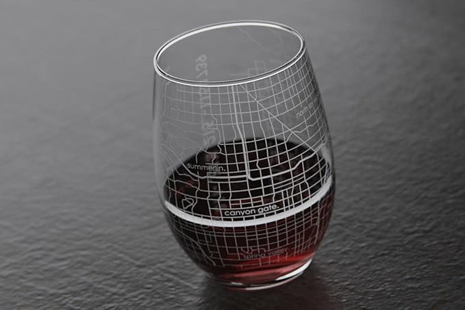 Well Told Engraved Las Vegas Nevada Map Stemless Wine Glass, Etched Glass (15 oz, Clear) City Custom Gifts for Lovers