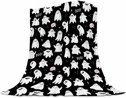 Boo Spooky Blanket Halloween Throw Blankets Gift for Girls Boys, Black and White Ghost Blanket Plush Soft Fleece Flannel for Toddler Kids Adults Lap Chair Halloween Decor 60"X50" by ubnlkto