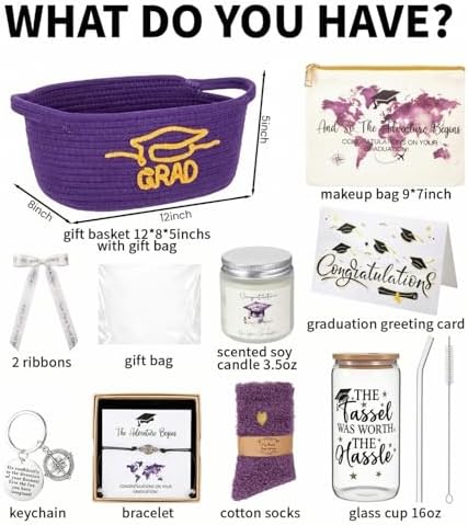 Zopeal Graduation Gift Basket for Her 2026,Graduation Gift Set with Glass Tumbler,Makeup Bag,Candle,Socks,Bracelet,Keychain,Card,College Grad Gifts for Her Women Daughter Granddaughter(Purple) - Image 2