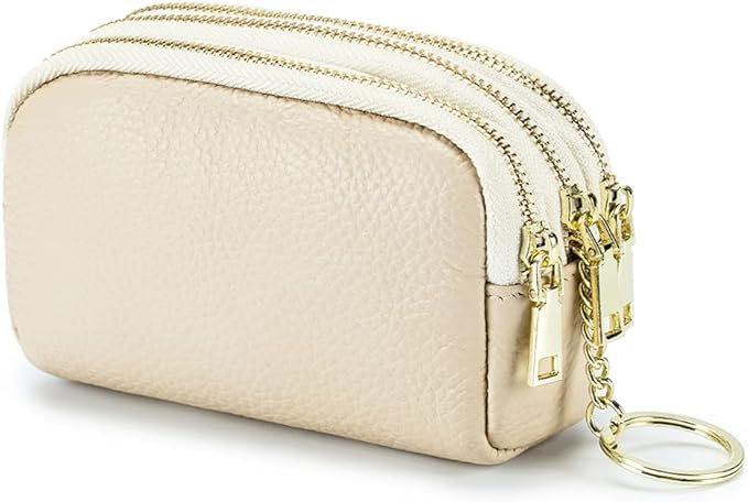 LINNO 3 Zippered Genuine Leather Coin Purse Triple Capacity Change Pouch Little Travel Wallet With Key Ring for Women