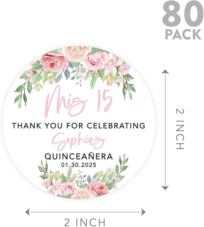 Andaz Press 40-Pack Personalized 2" Round Circle Quinceañera Labels, Pink & Cream Roses Custom Thank You Sticker Labels for Mis Quince Años, XV, 15th Birthday Favor Gifts, Quince Decorations