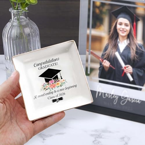 Graduation Gift for Her 2026 – Cap & Flowers Graduate 4" Ceramic Jewelry Dish – Class of 2026 Gift for Daughter, Sister, Friend– High School, College or University Graduate Keepsake Jewelry Tray Gifts - Image 3